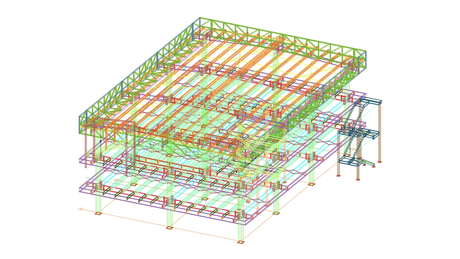 Modelo 3D de detalle de un edificio de acero de dos niveles, con armaduras de techo y escalera